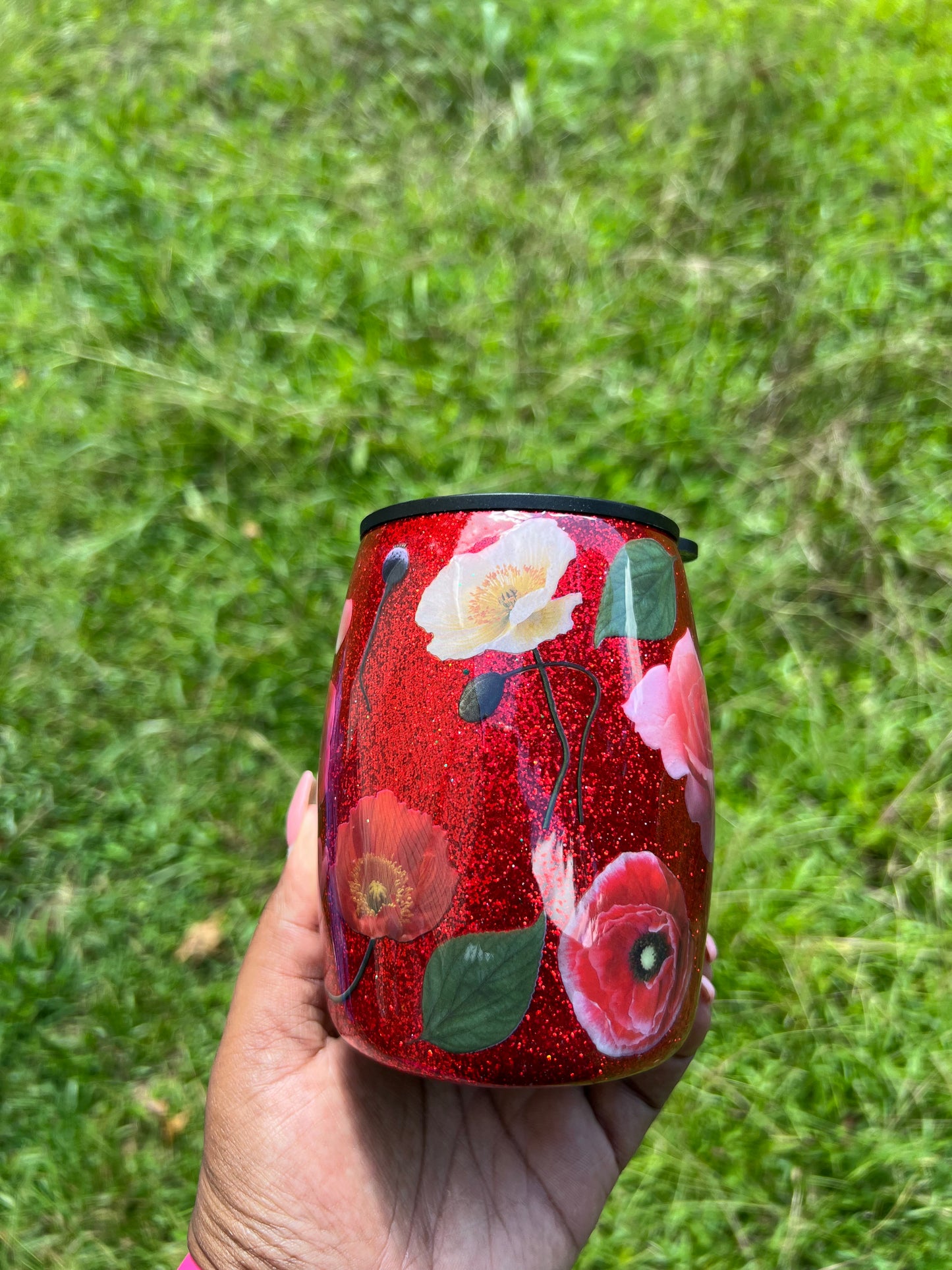 Red floral glittered mug