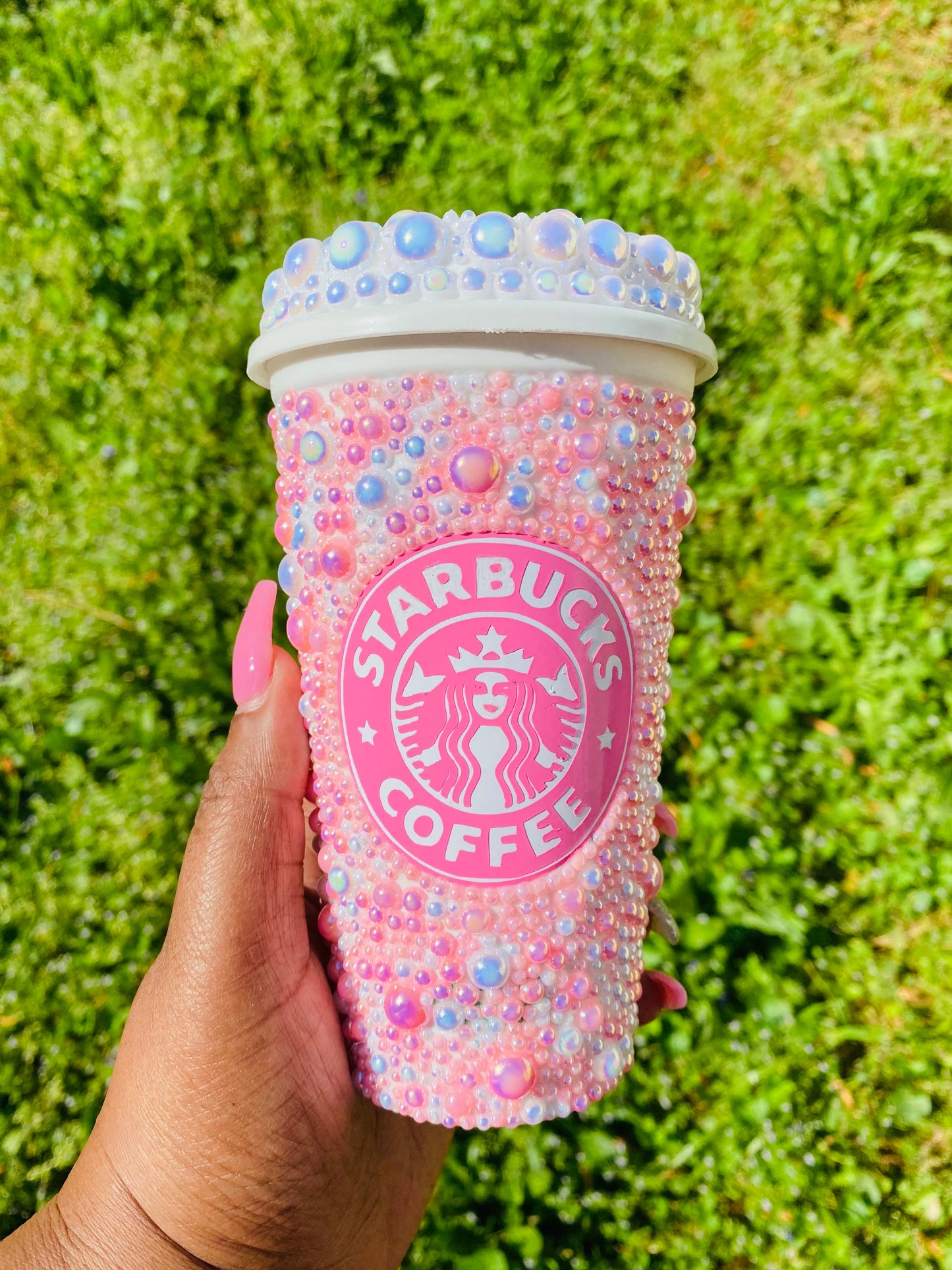 Custom hand pearled Starbucks hot cup bedazzled