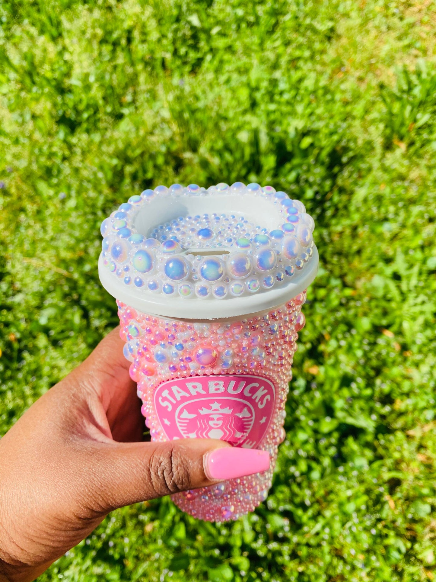 Custom hand pearled Starbucks hot cup bedazzled