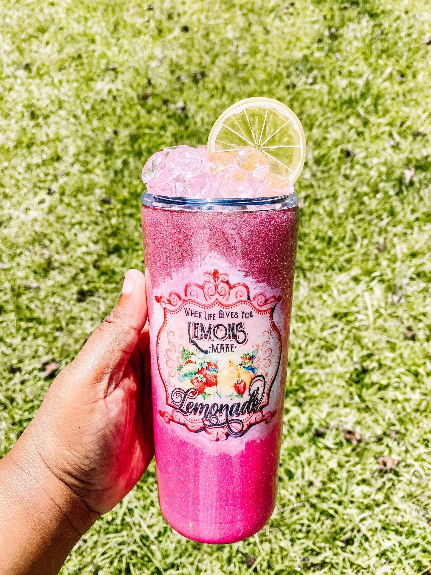 3D All Pink Lemonade glitter tumbler + stainless steel + lemonade + pink ice + resin tumbler