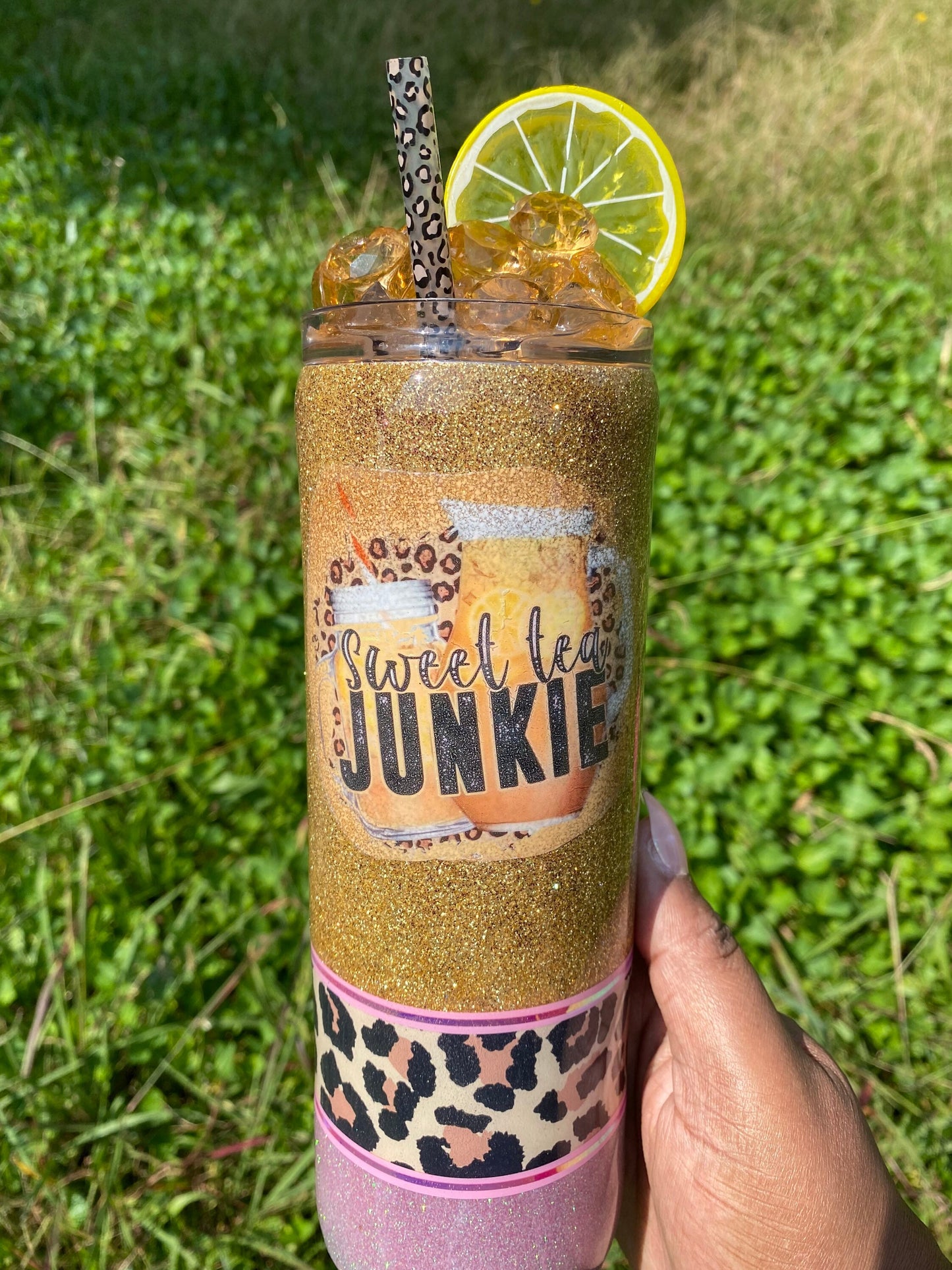3D Sweet tea Junkie glitter tumbler + stainless steel + lemonade + resin tumbler