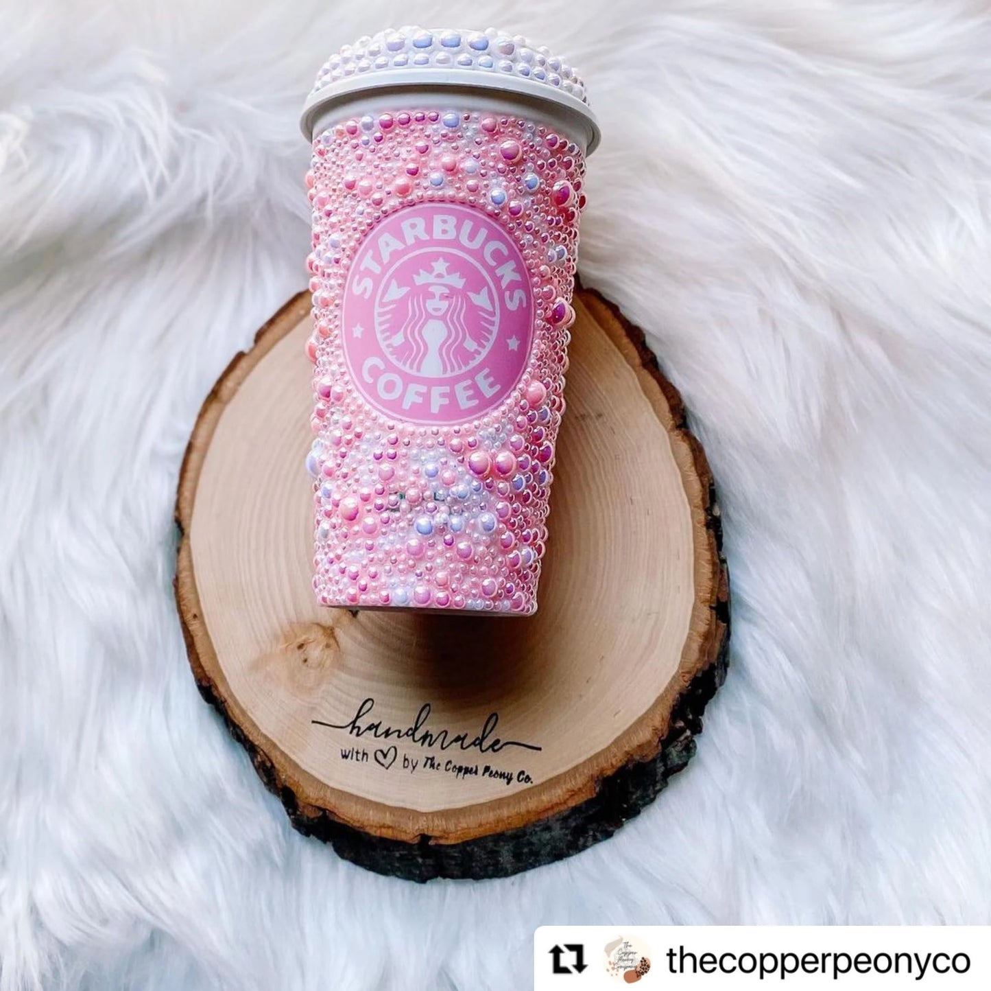 Custom hand pearled Starbucks hot cup bedazzled