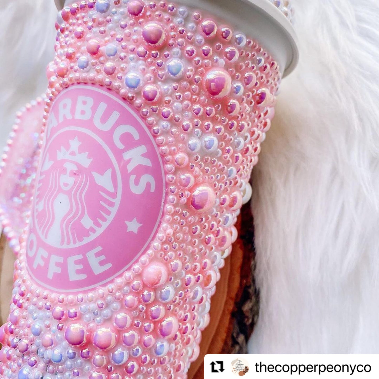 Custom hand pearled Starbucks hot cup bedazzled