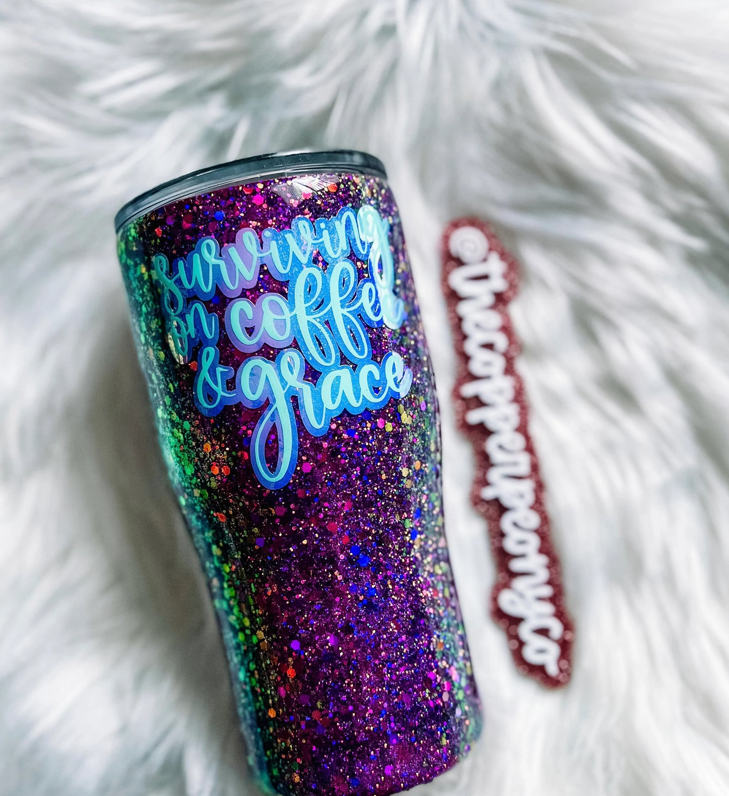 Surviving on coffee and grace| faith tumbler | Glitter tumbler