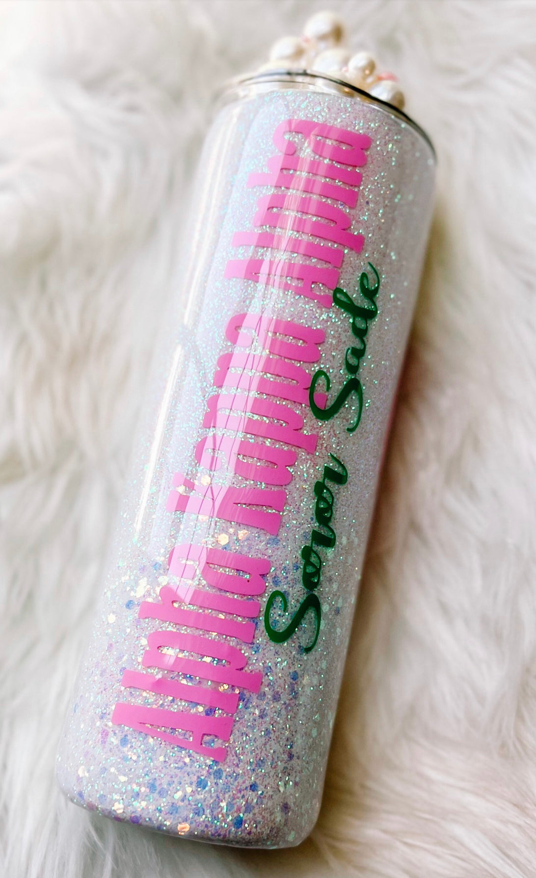 Glittered 3D pearled Alpha Kappa Alpha (AKA) tumbler